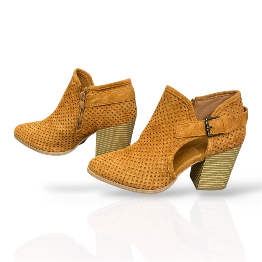 Herstyle Women's Nomad Perforated Stacked Block Heel Ankle Bootie, Amber/Tan